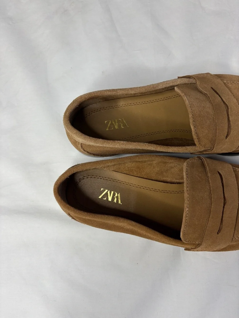 🤎 Zara Suede Penny Loafers Women's 5.5 Camel Beige Slip On Flats 🤎 - Picture 8 of 11